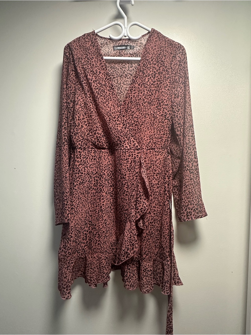 Missguided Pink Leopard Print Long Sleeve Wrap Dress